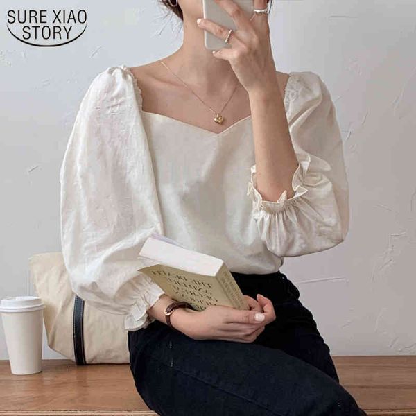 

fashion casual female korean chic blouse women white shirts elegant square collar puff sleeve ladies' blusa 10165 210508