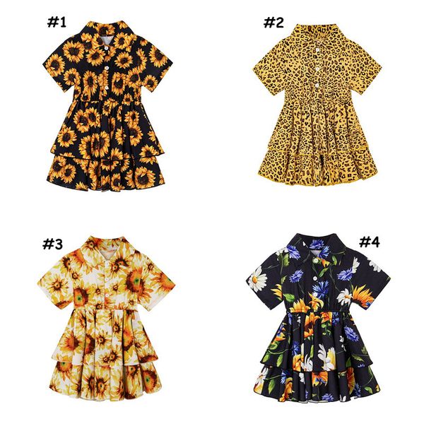 

baby girl dress tutu bright leopard flower print yellow summer with button short sleeves for party boutique, Red;yellow