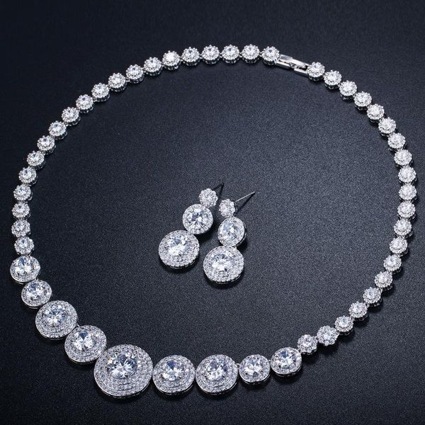 

earrings & necklace bilincolor bridal white clear cubic zirconia round charm and jewellry sets for women, Silver