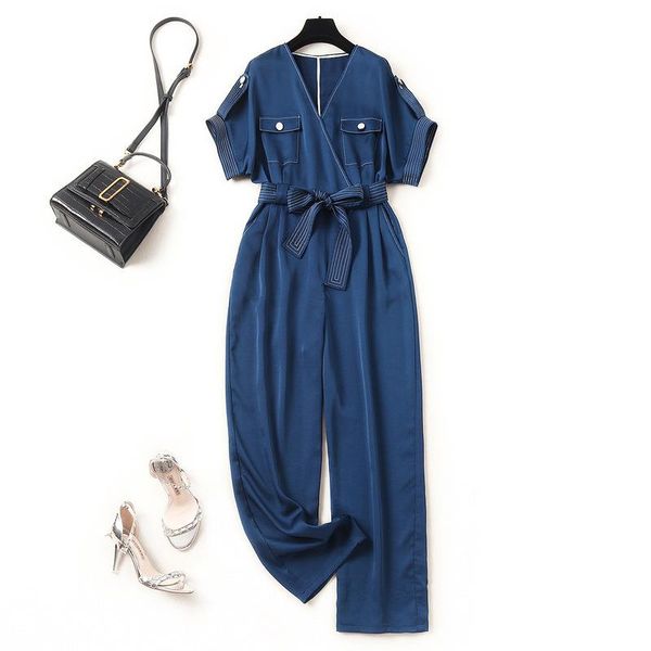 

fashion summer 2021 patch pants with v-neck workwear bat pocket casual sleeve thin jumpsuit belt 9688 cfvjd