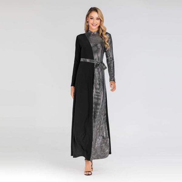 

casual dresses 2021 autumn plus size dress women o-neck full sleeve sequins with belt slim long party night 6128, Black;gray