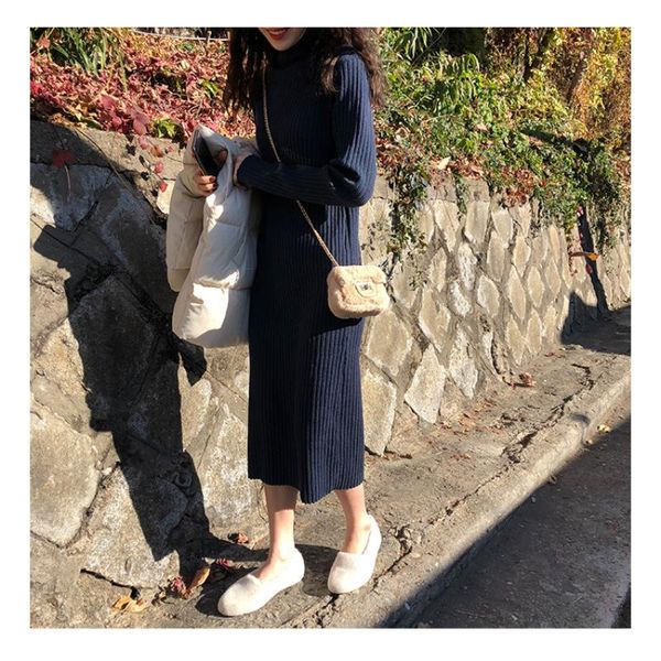 

casual dresses half high neck sweater women's 2021 autumn winter bottoming black loose medium length knitted dress over knee thickened, Black;gray