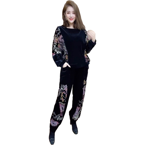 

plus size tracksuit women suit spring fashion gold velvet print loose clothes casual pants two piece set ladies tide 4xl h1301 women's, Gray