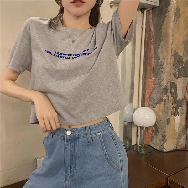 

women's t-shirt summer korean style 2021 loose short sneaky design navel letter print super sleeve for women, White