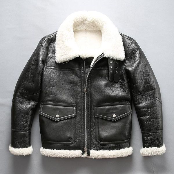 

men's leather & faux shearling jacket winter pilot thick merino sheep fur natural white coat men flight male, Black