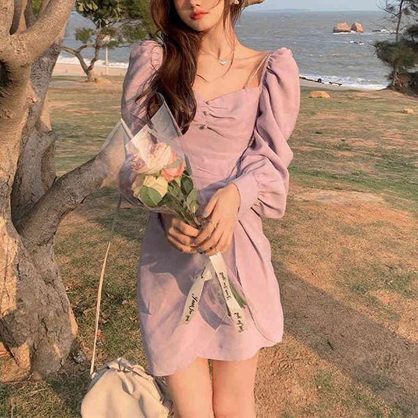 

dresses 2021 summer long sleeve mini women square collar elegant vingate evening party white dress females korean style, Black;gray