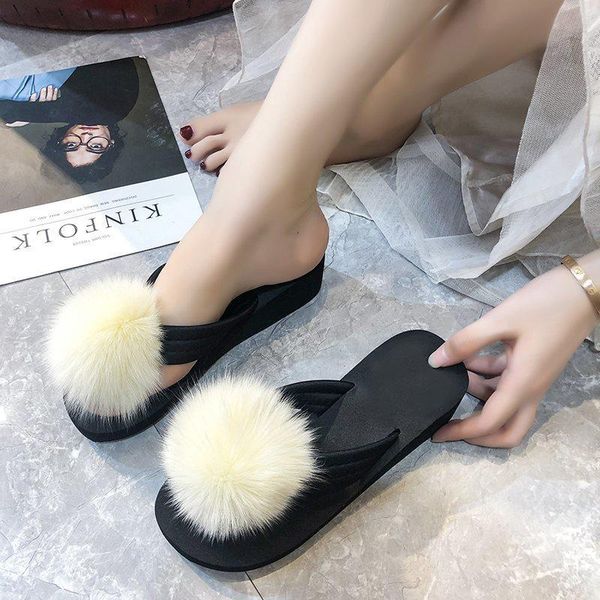 

women slipper woman summer flops female fluffy slide high increase wedges fur ball flip 2021 women's shoes casual beach slippers, Black