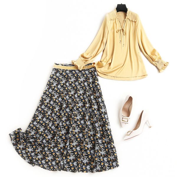 

two piece dress spring long sleeve v neck yellow pure color ribbon tie bow blouse + floral print mid-calf skirt suits 2 s set od2816561 7wom, White