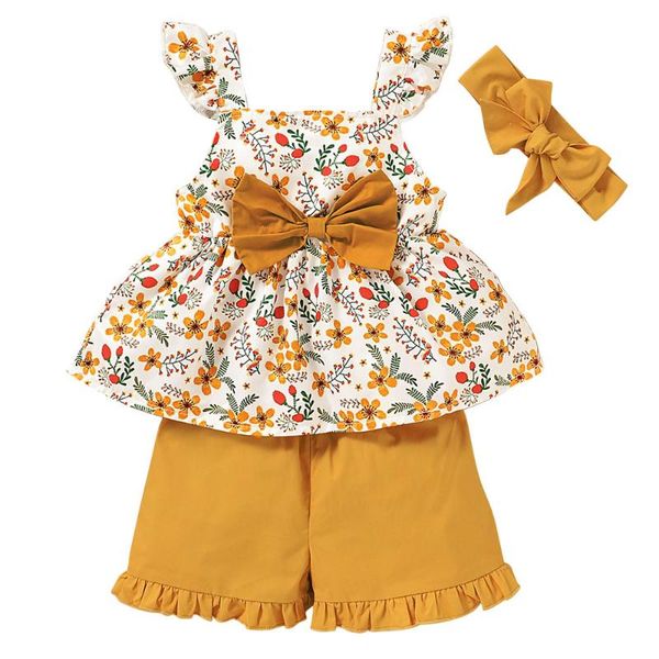 

toddler 3 pcs set baby girls 2021 summer fashion birthday gift sleeveless floral print suspender +ruffle shorts children clothing sets, White