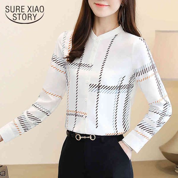 

office lady striped print cardigan blouse long-sleeve chiffon shirt women autumn o neck ladies clothing blusas 10875 210415, White