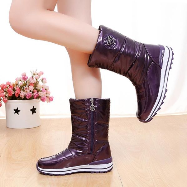 

boots winter patent leather mid-tube large size european warm snow women's shoes mirror waterproof flannel non-slip cotton, Black