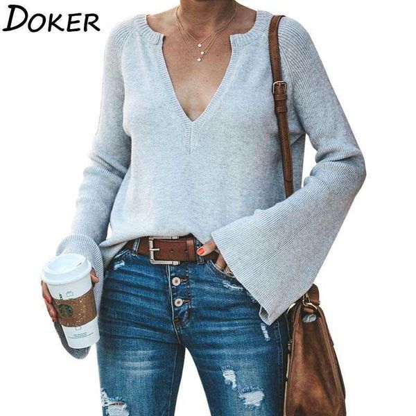 

deep v-neck long sleeve pullover sweater women autumn flare solid color plus size loose elegant knitted 210603, White;black
