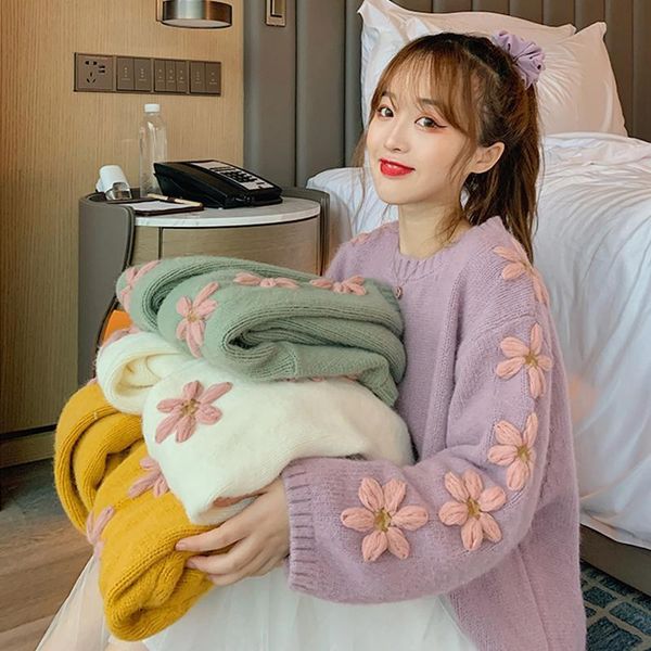 

women's sweaters autumn winter floral embroidery aesthetic women o-neck loose pullover sweater soft warm all-match outwear knitted, White;black