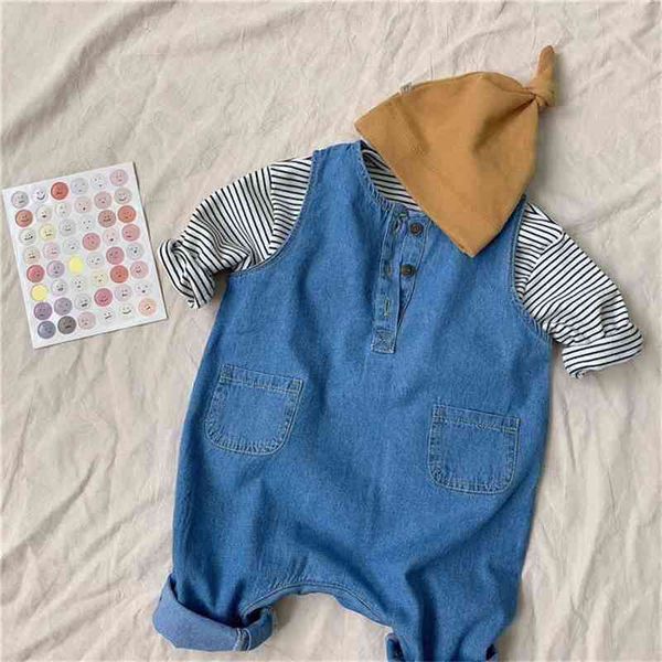 Frühling Ankunft Mädchen Langarm Gestreiftes T-Shirt Kinder Denim Overalls Kleidung Set 210528