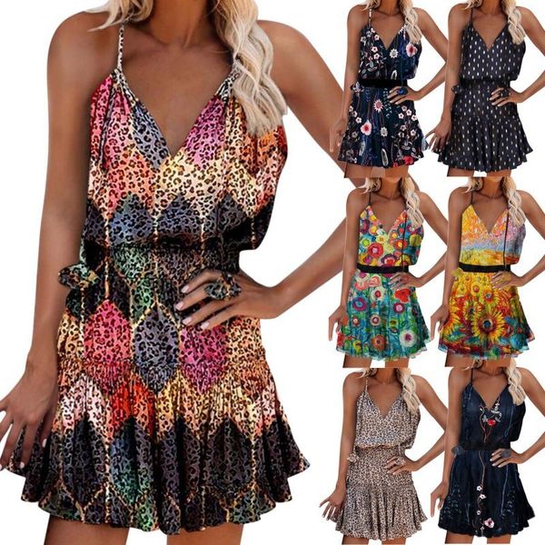 

summer leopard dress women fashion printed spaghetti strap v neck dress casual beach sleeveless female mini dresses vestidos x0521, Black;gray