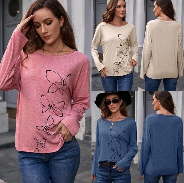 

women's t-shirt printed round neck long-sleeved pullover loose casual bottoming t-shirt women, White