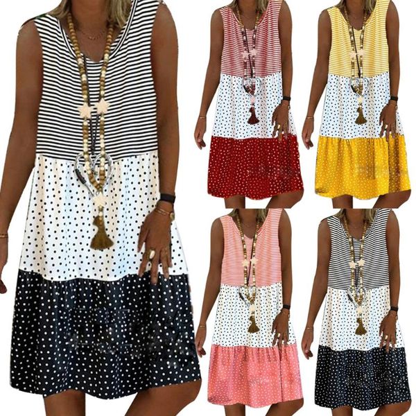 

women sleeveless loose midi dress stripes polka dot triple color sundress 2021 ladies summer beach s-5xl casual dresses, Black;gray