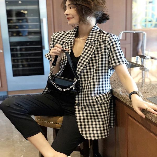 

women's suits & blazers fanlis black and white plaid suit coat thin casual short sleeve small summer 2021, White;black