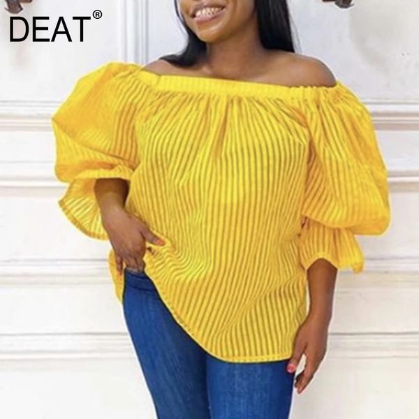 

[deat] slash neck stripe yellow lantern sleeve streetwear shirt plus size clothing blouse women spring gx209 210428, White
