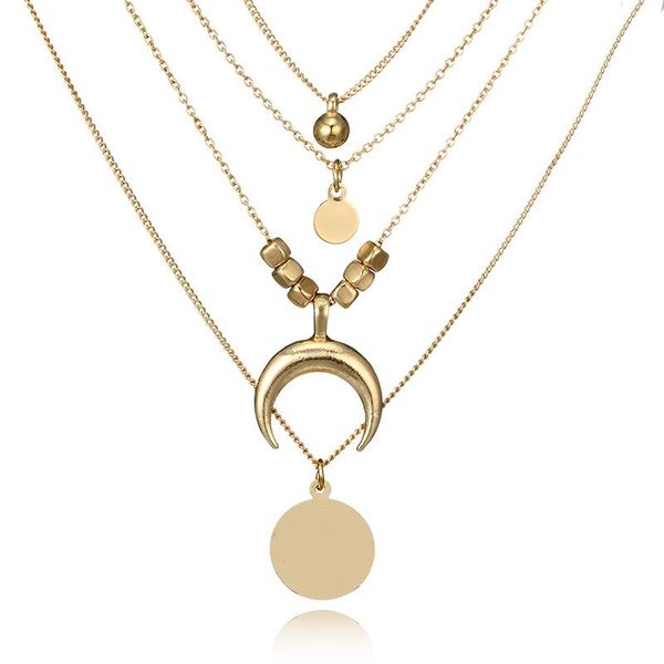 

pendant necklaces fashion retro ethnic style moon round alloy multi-layer necklace 4 layer ladies jewelry decoration, Silver