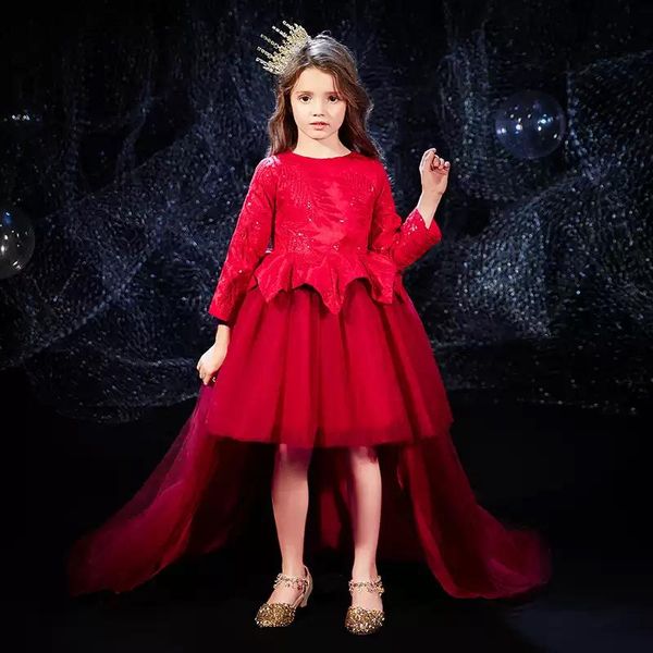 

flower girl dresses illusion sequined embroidery full o-neck princess knee-length tulle lace luxury cute kids party gown h465 girl's, Red;yellow