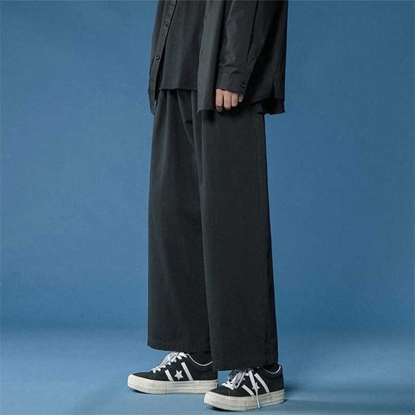 

legible women pant casual cotton wide leg pants retro ankle length elastic waist loose trousers female 211007, Black;white
