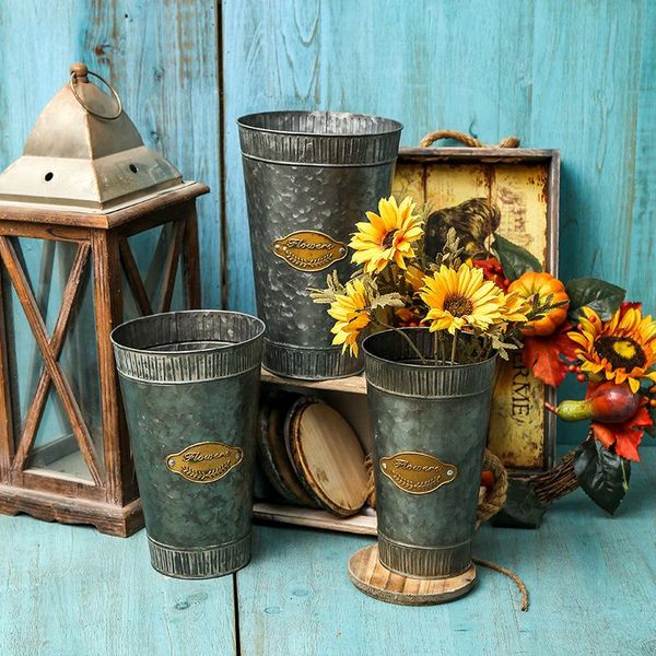 

vases 11" inch farmhouse metal galvanized flower vase,set of 3-rustic home decor, table centerpieces, french bucket fresh dried floral