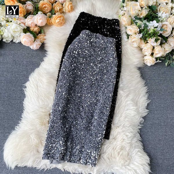

ly varey lin spring women sequins pencil skirts elegant mid length femme trend high waist slim shinny skirt 210526, Black