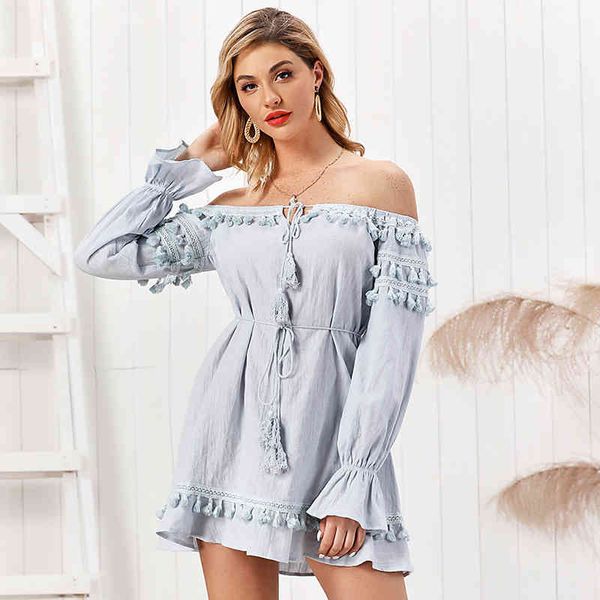 

paris girl summer autumn women bohemian print vintage long sleeve word shoulder dress female holiday sundress 210524, Black;gray