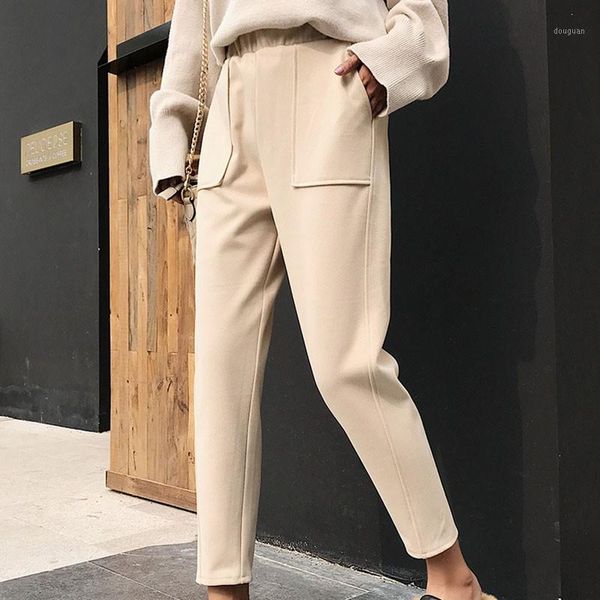 

women's pants & capris women pockets trousers autumn woolen high waist pencil fashion ankle length, Black;white