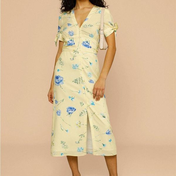 

party dresses women slit yellow midi dress v-neck floral print single breasted bow short-sleeve female holiday style robe, White;black