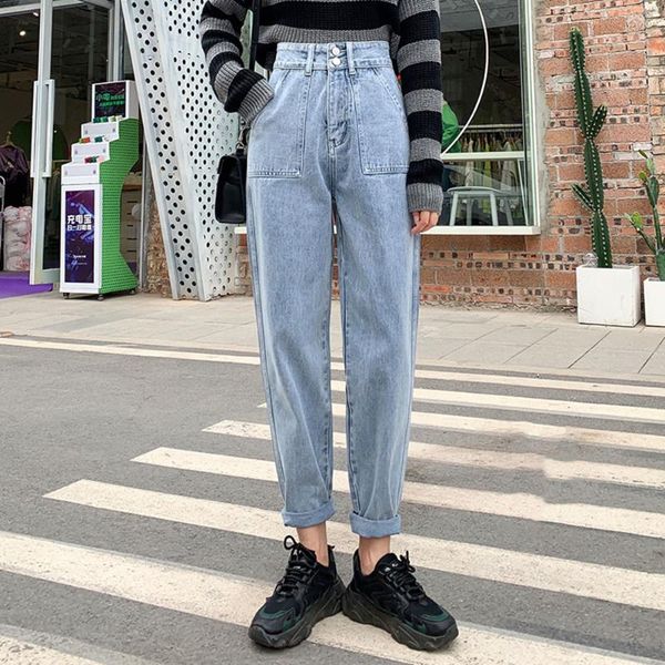 

women's jeans 2021 autumn winter high waist daddy wide-leg pants plus size straight-leg nine-point harem, Blue