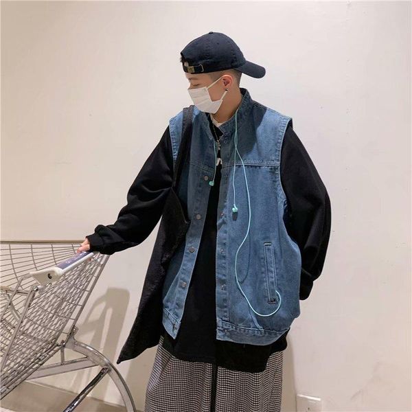 

men's vests spring denim jacket korean fashion brand loose sleeveless vest trend and autumn waistcoat, Black;white