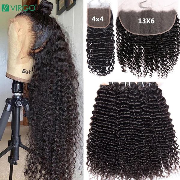 

human hair bulks deep wave bundles with 13x6 hd lace frontal brazilian 30 inch curly water closure, Black