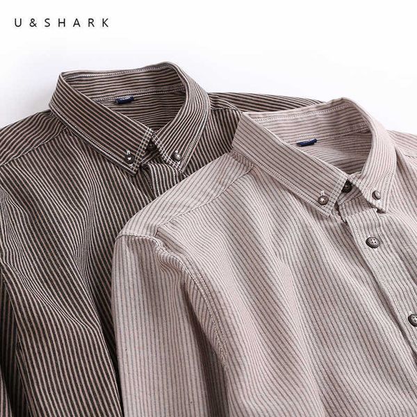 Ushark fina camisa listrada para homens 100% algodão roupas marrons casuais camisas regulares de manga longa camisas formais elegante japão 210603