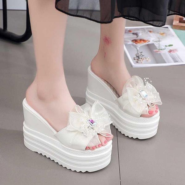 Chinelos 2021 verão cunhas sandálias moda lace bowknot super alto salto alto mulher peep toe rhinestone plataforma sapatos