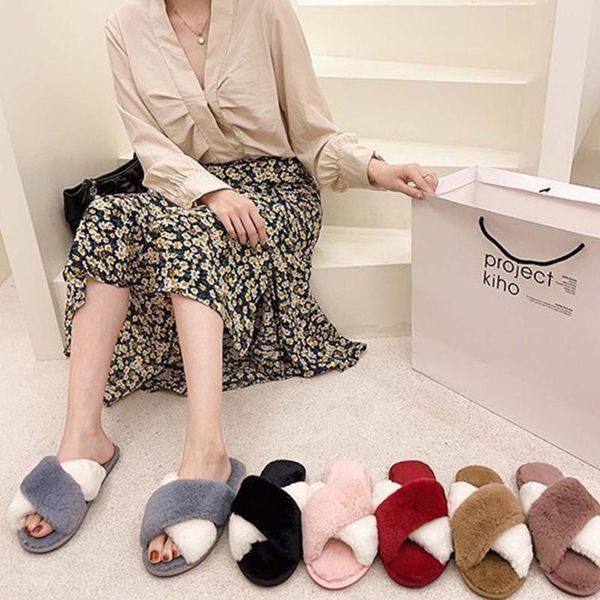

slippers warm fluffy women cozy faux fu band color contrast soft plush furry shoes, Black
