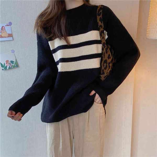 

comelarrival white black striped printed simple long sleeve o-neck sweater for women winter korean trend pullover 210515