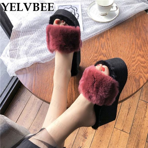 

slippers 2021 autumn winter platform flats women fur fashion plush dress slides cozy casual open toe flip flops lady boots, Black
