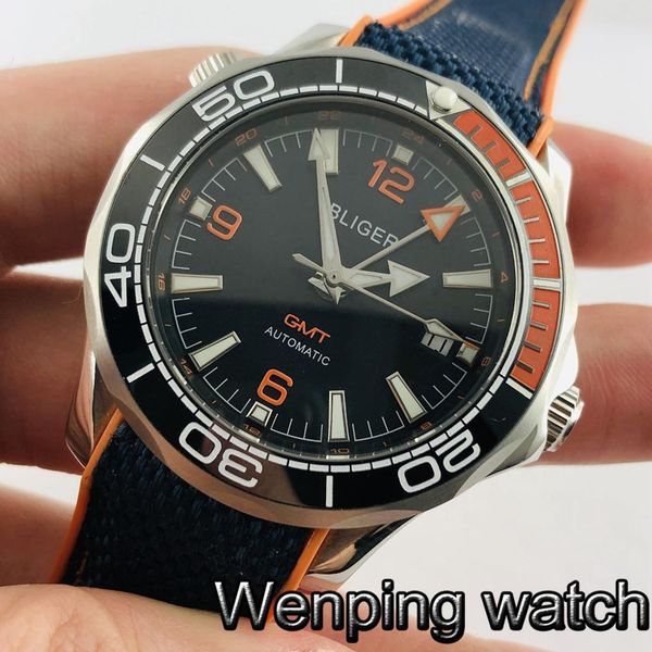 

bliger 41 mm men gmt mechanical watch sier case sapphire glass ceramic beads lighting turning men automatic, Slivery;brown