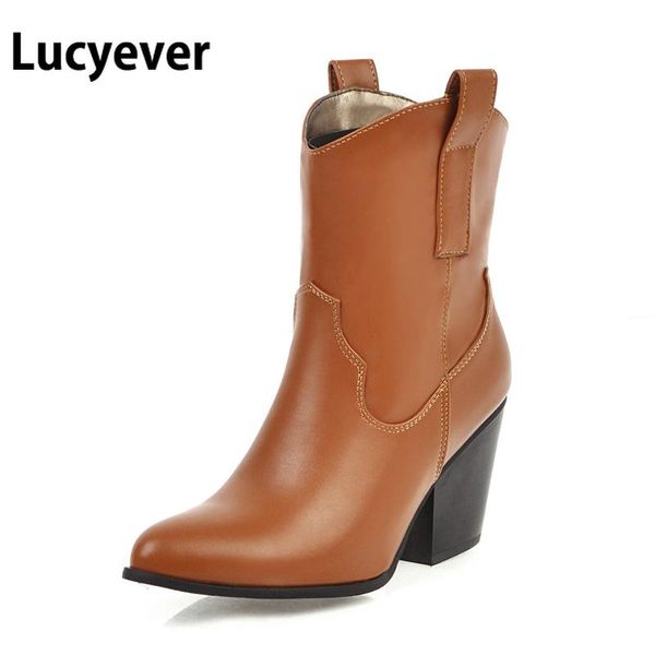 

boots lucyever women autumn winter vintage ankle ladies retro leather shoes woman square high heels riding plus size 34-44, Black