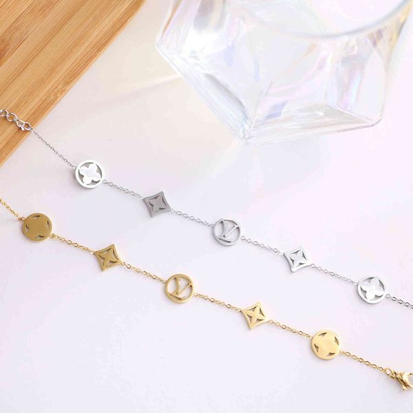 

design jewelry decorated titanium steel five hollowed out diamond round old flower letter bracelet with high sense star, Black