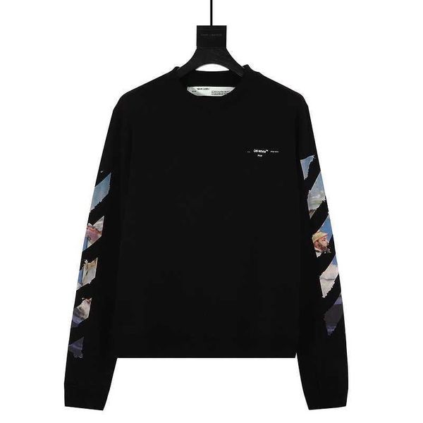 

hoodiesSpring and summer new high version men's pure cotton ow tide brand Monet oil painting arrow round neck Pullover, Black