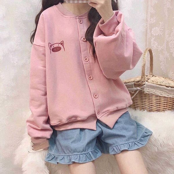 Felpa cardigan autunno stile college ragazza morbida giapponese carino maiale rosa coreano allentato studentessa selvaggia giacca femminile fidanzate 210526