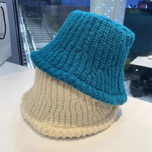 

factory wholesale 50% off autumn winter knitted hat children han banchao hand wool basin warm and versatile fisherman bucket hat, Blue;gray