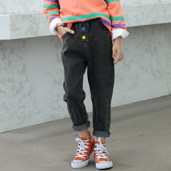 

spring and autumn 2021 girls' jeans children's wear korean cotton mid waist elastic rainbow button decorative loose pants, Blue