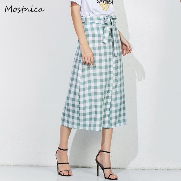 

skirts mostnica mint ladies england plaid split skirt elegant high street lace up straight cotton women office lady front button, Black