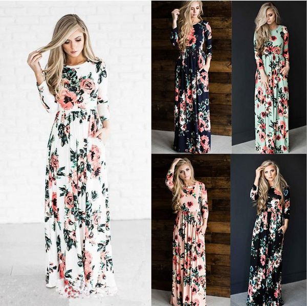 

casual dresses summer floor-length dress multi-color multi-code print long-sleeved o-neck, Black;gray