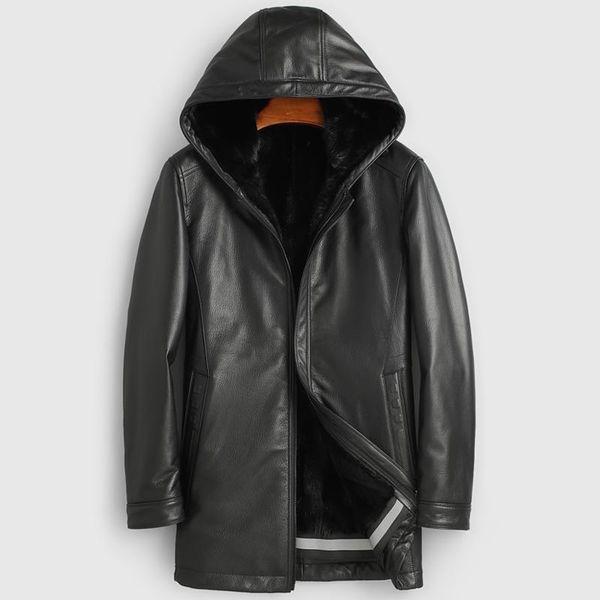 

men's leather & faux 2021 winter hooded parka with fur 100% genuine goatskin jackets warm mink liner coats jaqueta masculina gmm465, Black
