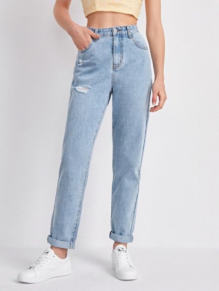 

high waist ripped detail jeans a9hq#, Blue